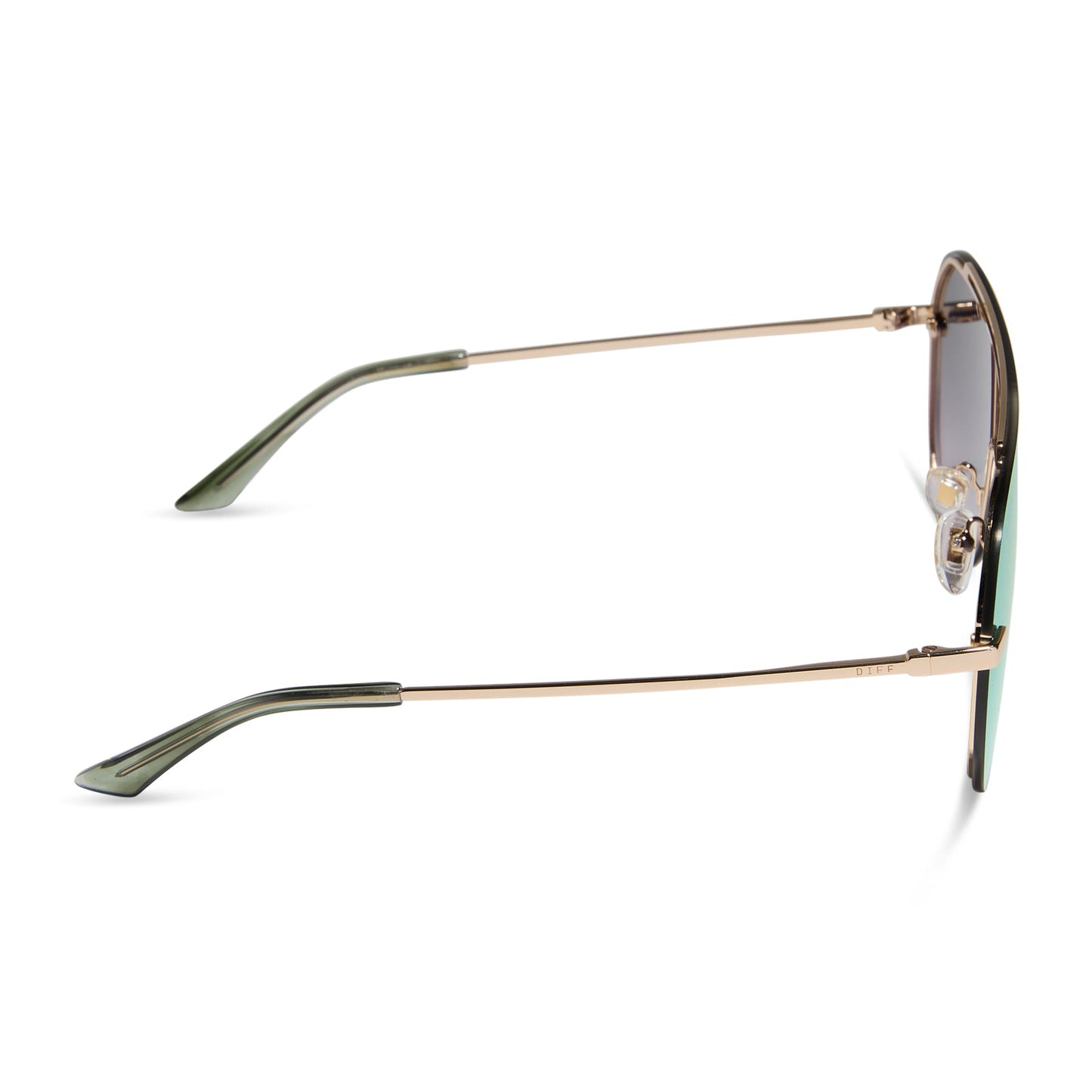diff eyewear featuring the imani shield sunglasses with a gold frame and cool matcha green mirror lenses side view