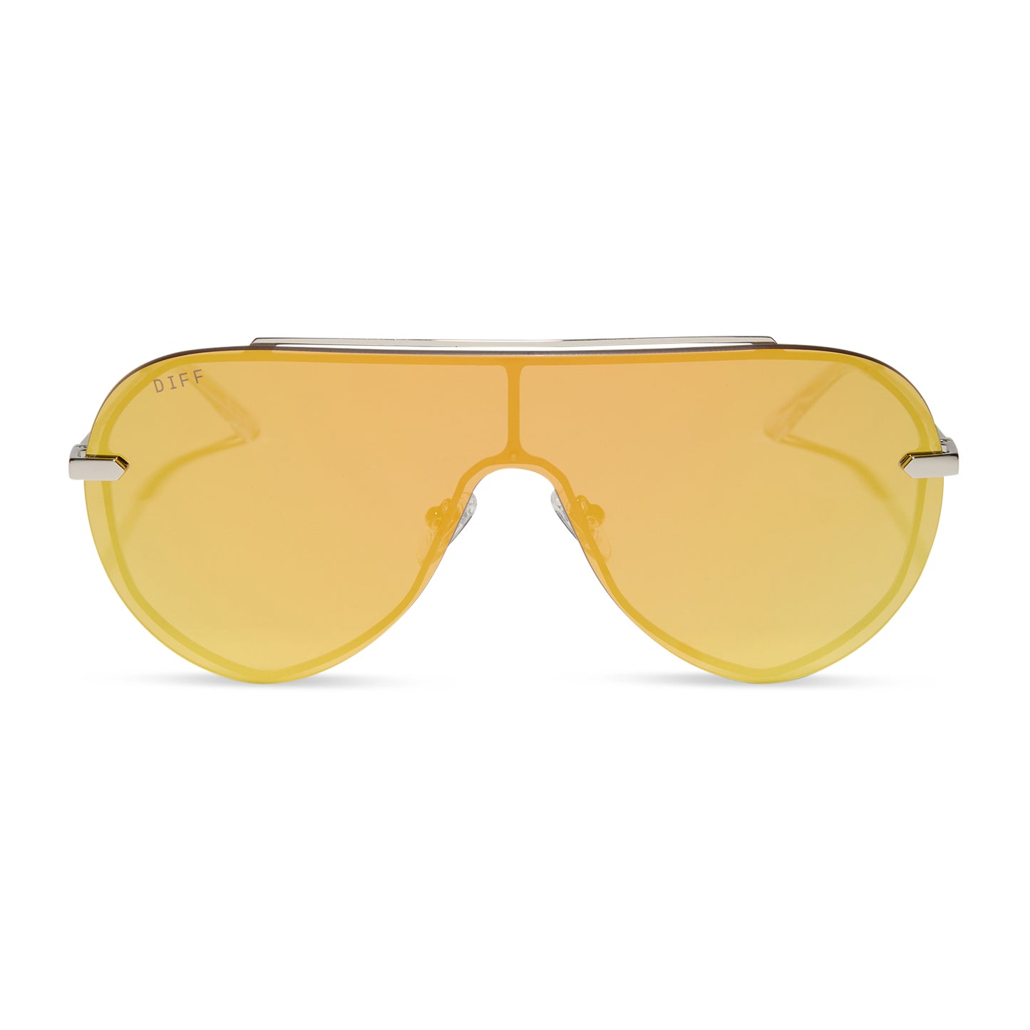 diff eyewear imani shield sunglasses with a silver frame and gold mirror lenses front view
