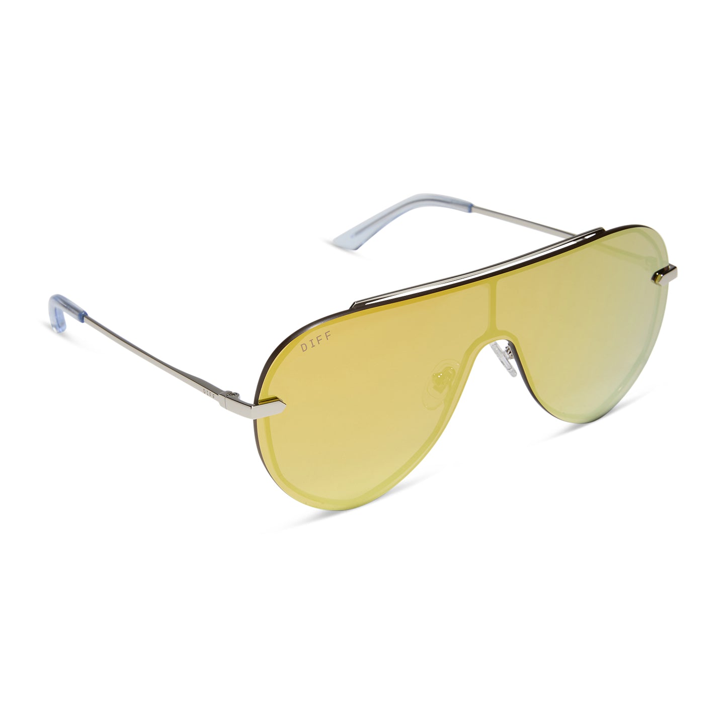 diff eyewear imani shield sunglasses with a silver frame and gold mirror lenses detailed view