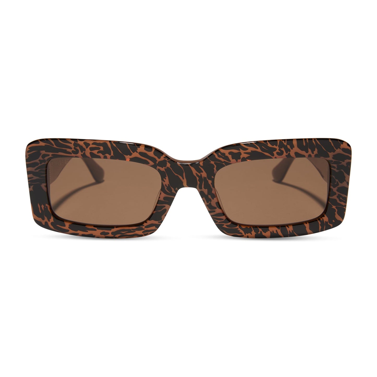 diff eyewear featuring the indy rectangle sunglasses with a animal print frame and brown lenses front view