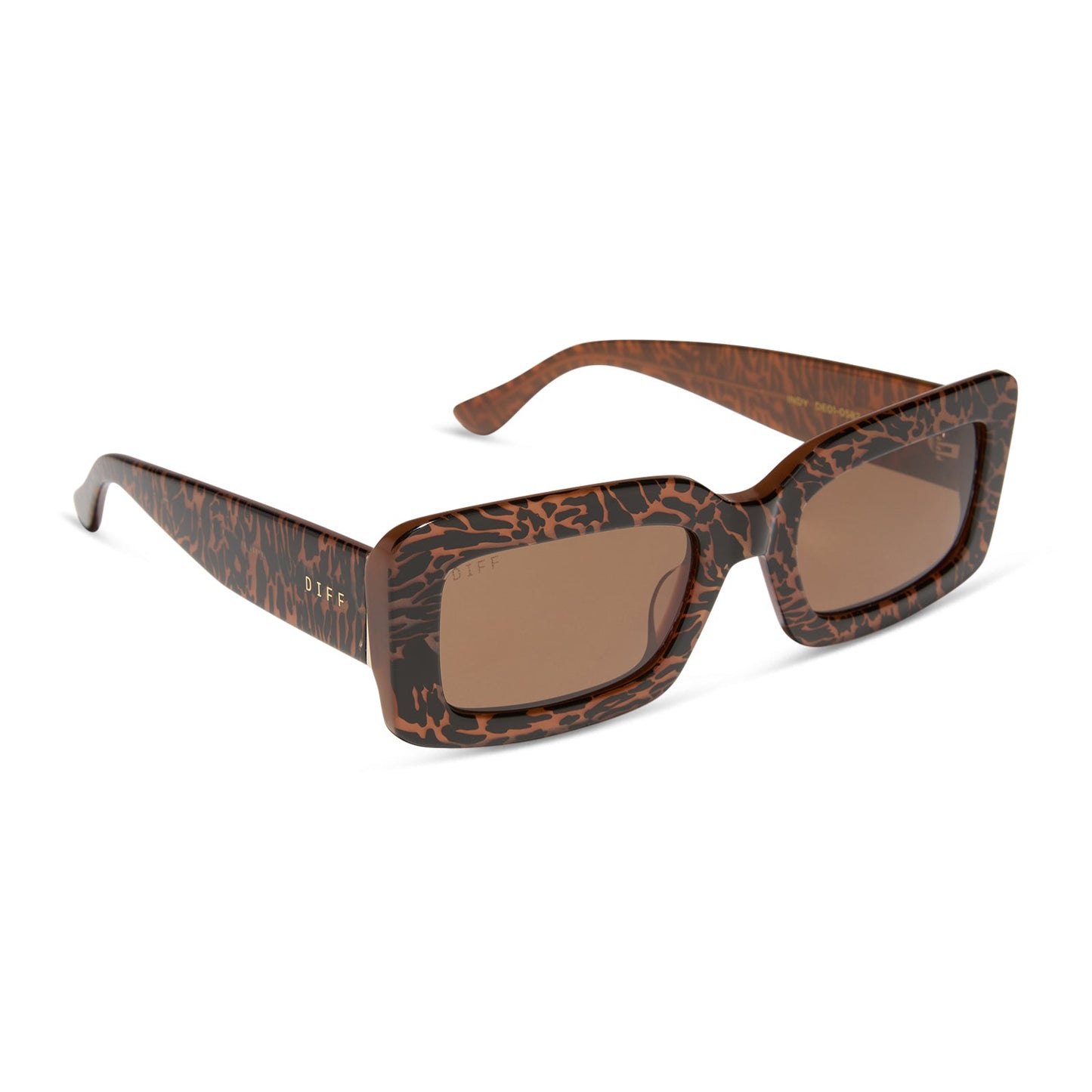 diff eyewear featuring the indy rectangle sunglasses with a animal print frame and brown lenses angled view