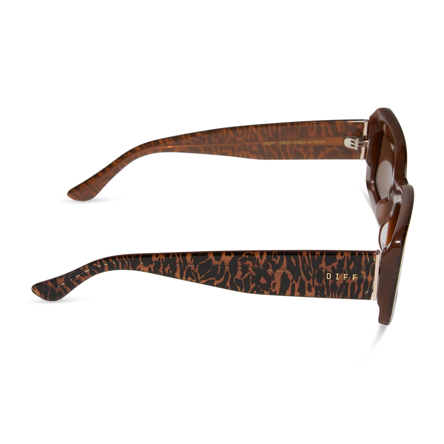 diff eyewear featuring the indy rectangle sunglasses with a animal print frame and brown lenses side view