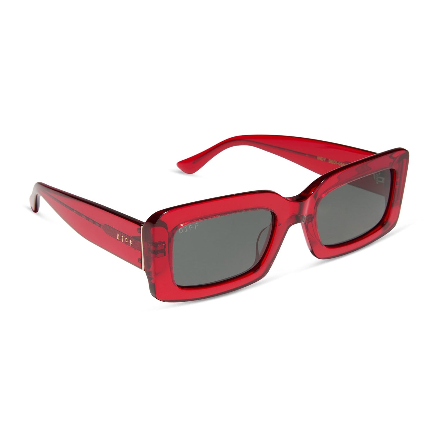 diff eyewear featuring the indy rectangle sunglasses with a red hot summer frame and grey polarized lenses angled view