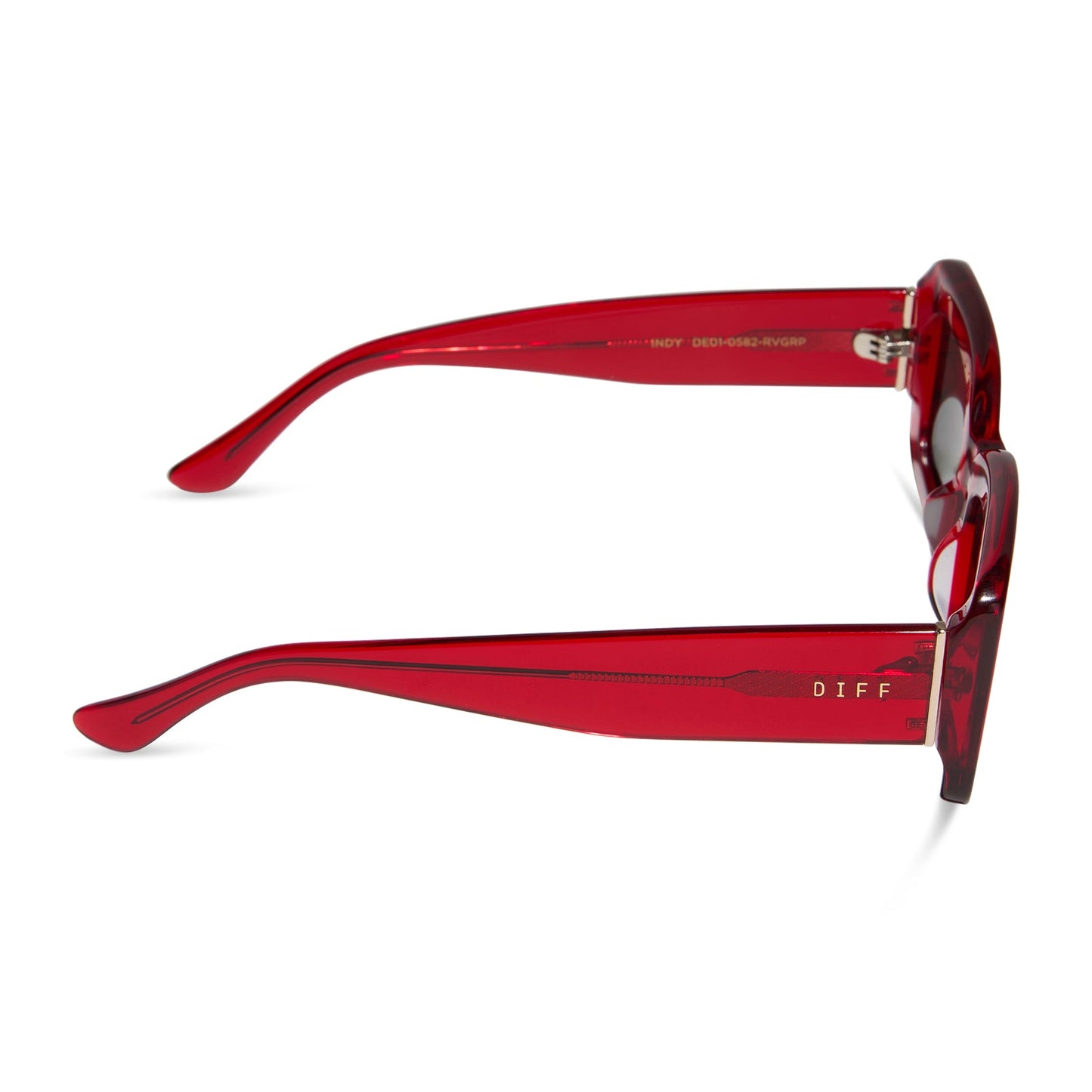 diff eyewear featuring the indy rectangle sunglasses with a red hot summer frame and grey polarized lenses side view