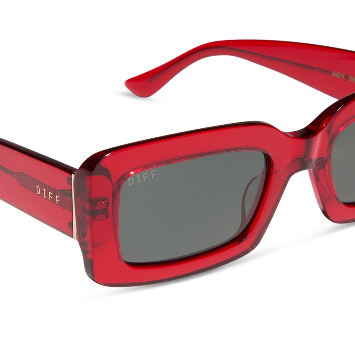 diff eyewear featuring the indy rectangle sunglasses with a red hot summer frame and grey polarized lenses detailed view