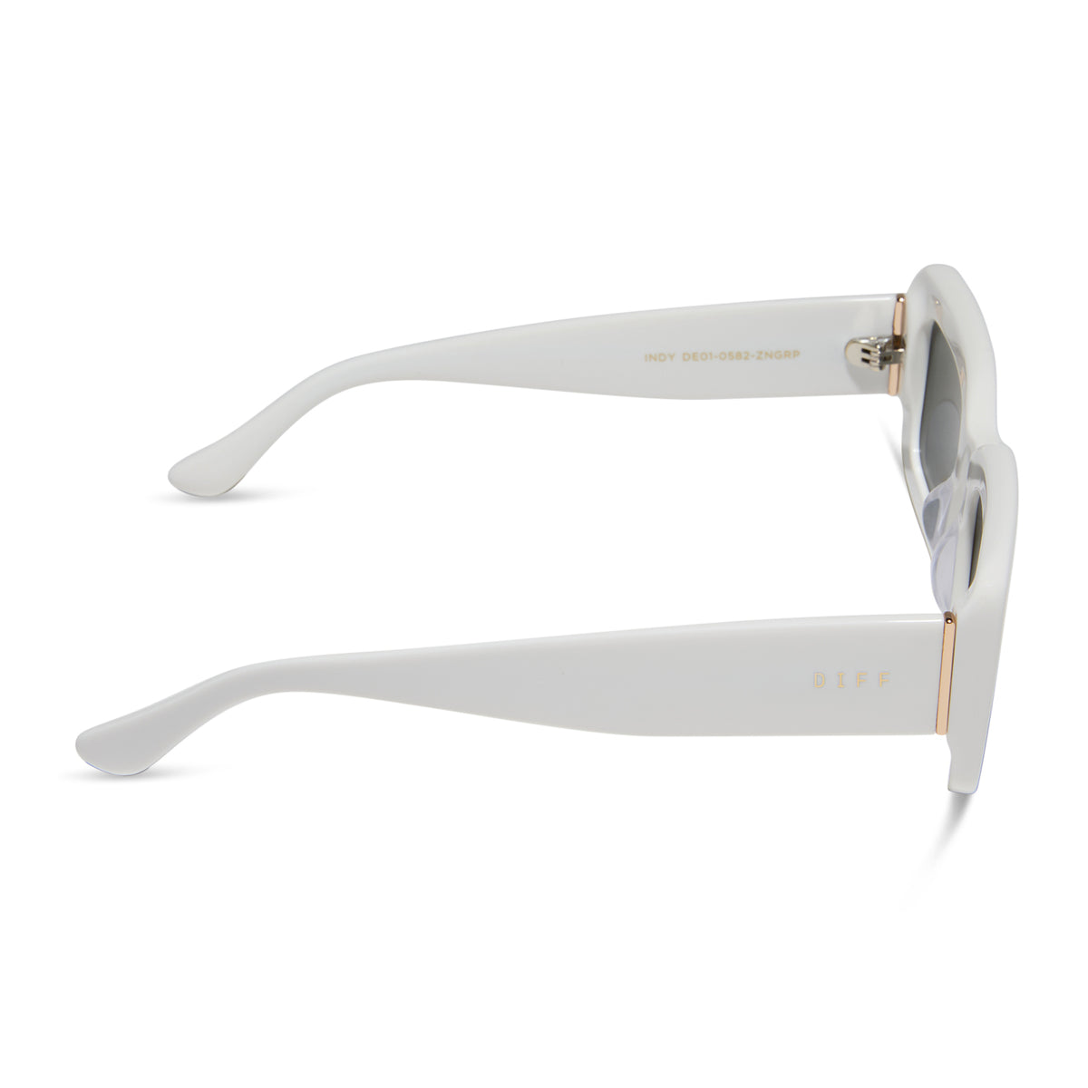 diff eyewear indy rectangular sunglasses with a white snowbound frame and grey polarized lenses side view