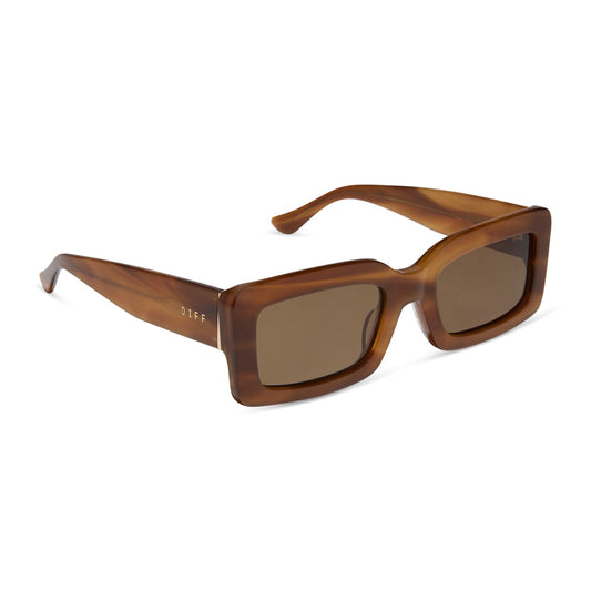 diff eyewear featuring the indy rectangle sunglasses with a tawny brown tortoise frame and brown polarized lenses angled view