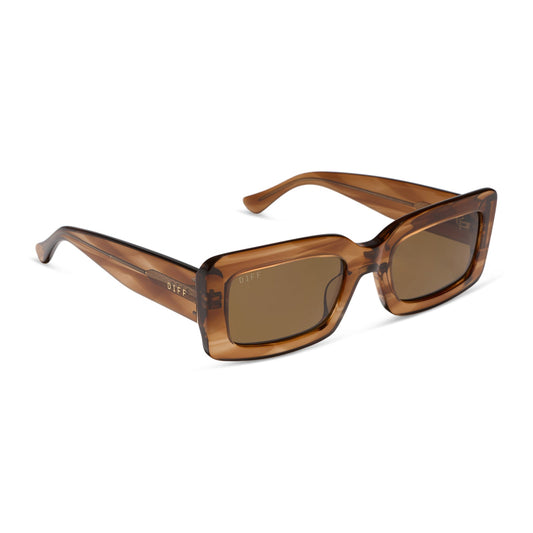 diff eyewear indy low profile square sunglasses with a tortoise acetate frame and brown lenses angled view