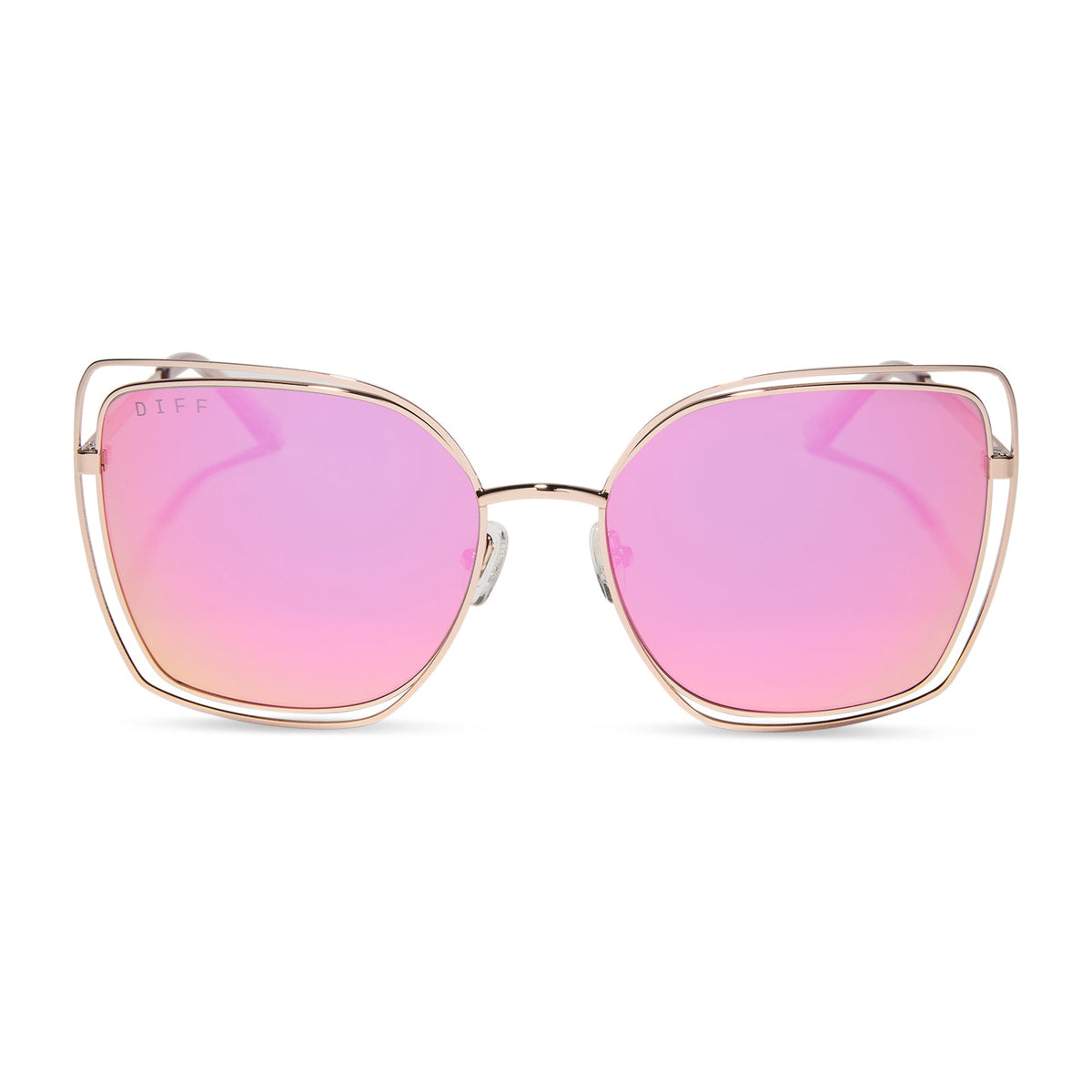 diff eyewear featuring the jacqueline square sunglasses with a champagne frame and pink mirror lenses front view