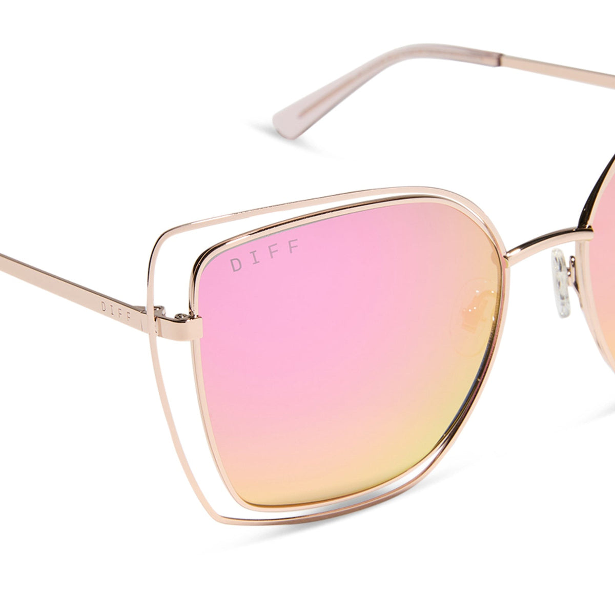 diff eyewear featuring the jacqueline square sunglasses with a champagne frame and pink mirror lenses detailed view