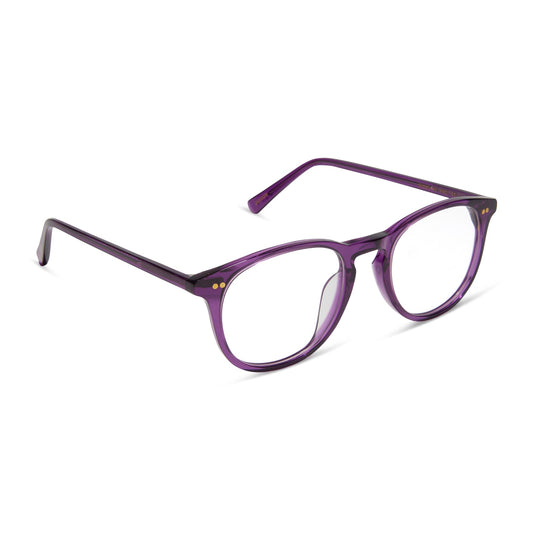 diff eyewear featuring the jaxson round glasses with a posh purple crystal frame and prescription lenses angled view