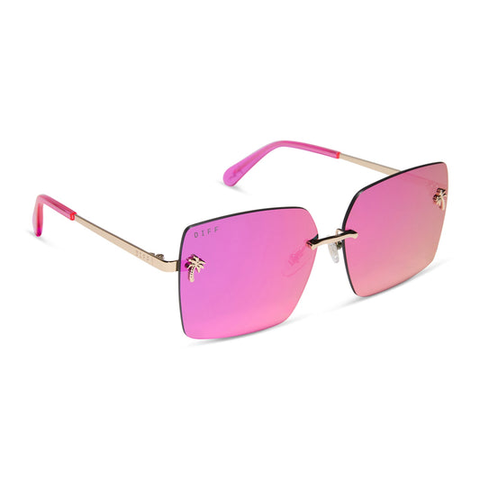 jena sims x diff eyewear featuring the rookie square sunglasses with a hot pink with gold metal frame and hot pink mirror lenses angled view
