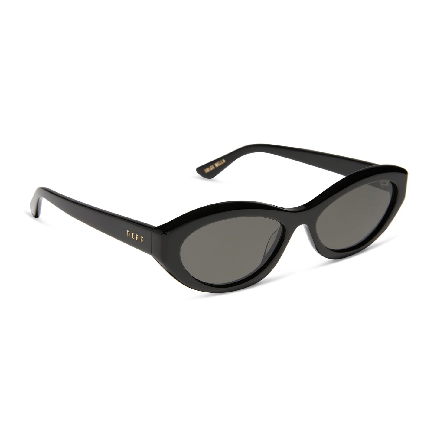 jessie james decker x diff eyewear featuring the dolce bella oval sunglasses with a black frame and grey lenses angled view
