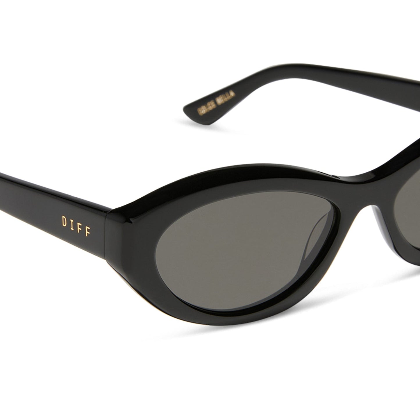 jessie james decker x diff eyewear featuring the dolce bella oval sunglasses with a black frame and grey lenses detailed view