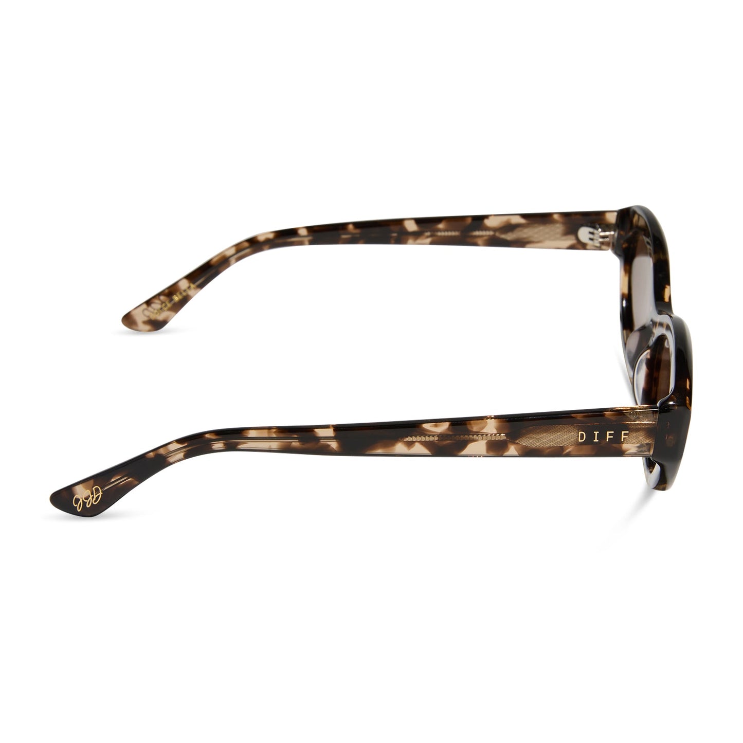jessie james decker x diff eyewear featuring the dolce bella oval sunglasses with a espresso tortoise frame and brown lenses side view