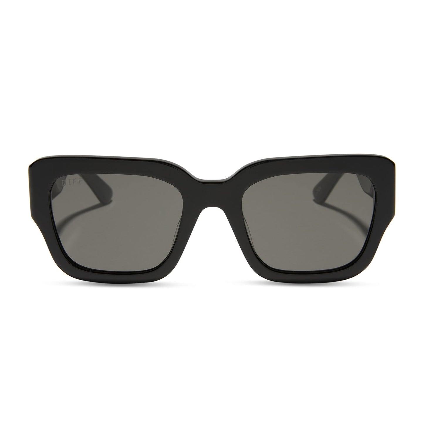 jessie james decker x diff eyewear featuring the loren square sunglasses with a black frame and grey lenses front view