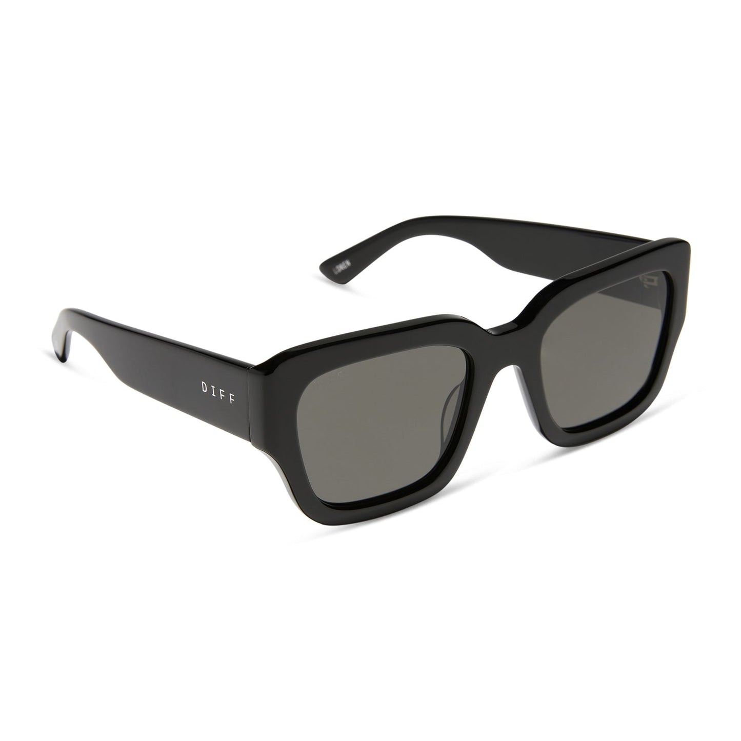 jessie james decker x diff eyewear featuring the loren square sunglasses with a black frame and grey lenses angled view
