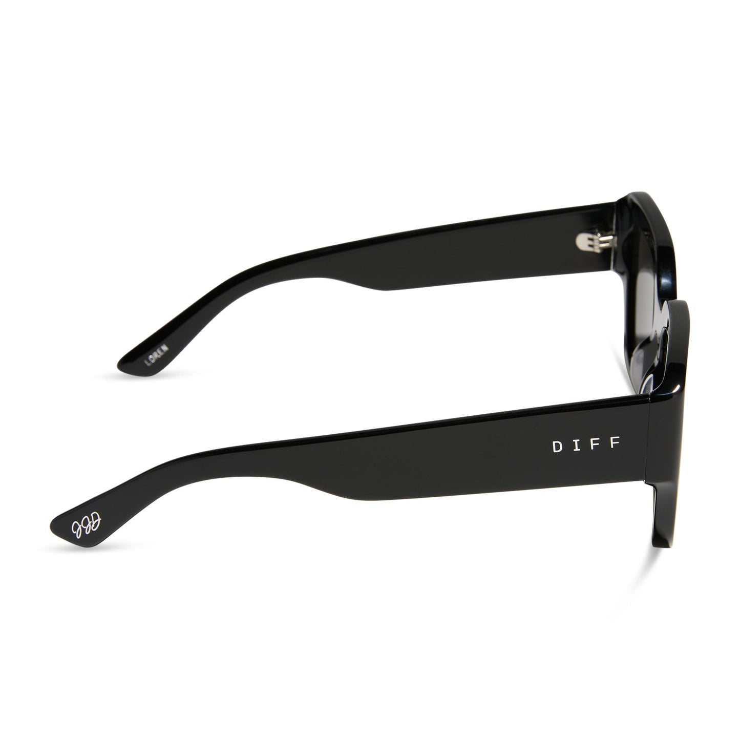 jessie james decker x diff eyewear featuring the loren square sunglasses with a black frame and grey lenses side view