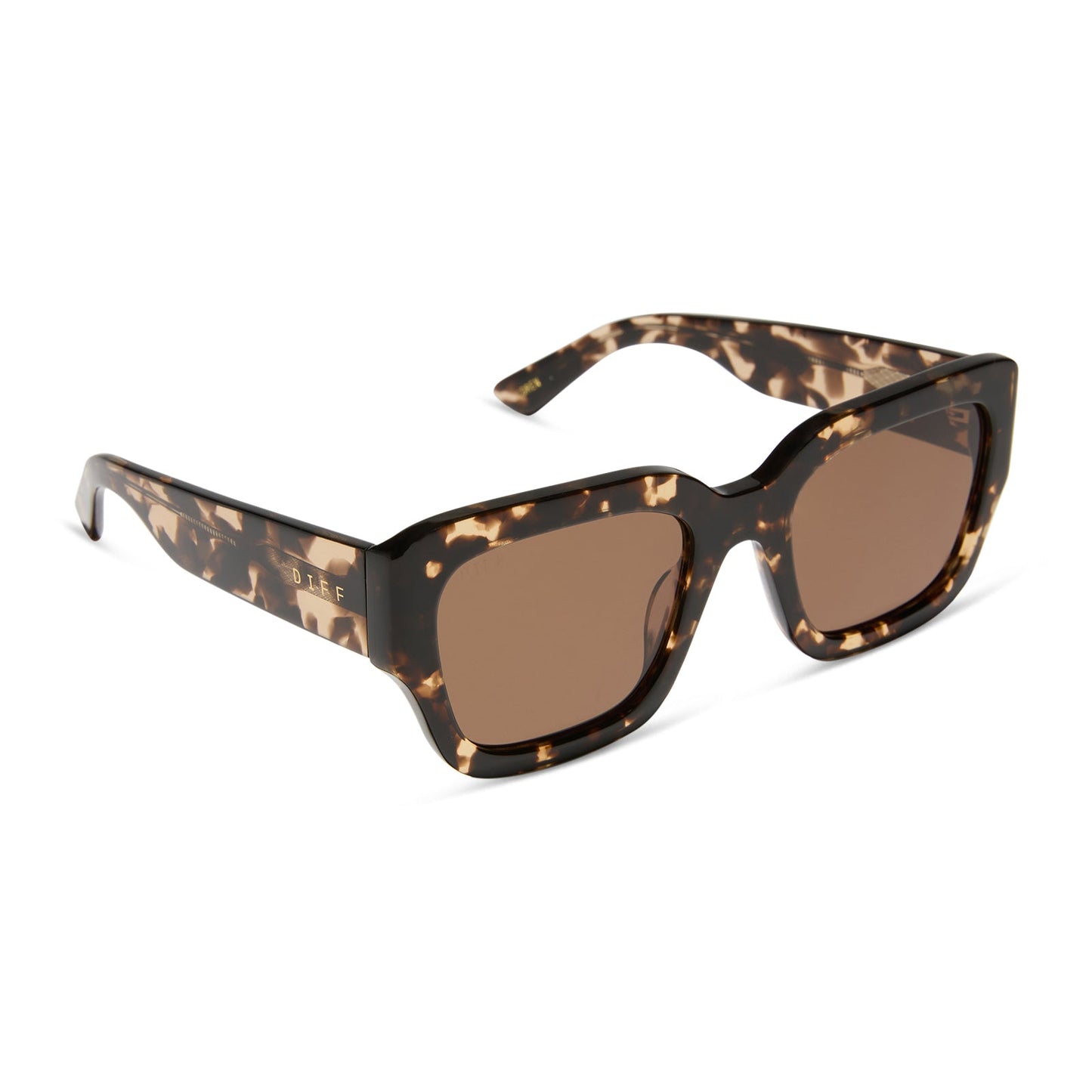jessie james decker x diff eyewear featuring the loren square sunglasses with a espresso tortoise frame and brown lenses angled view