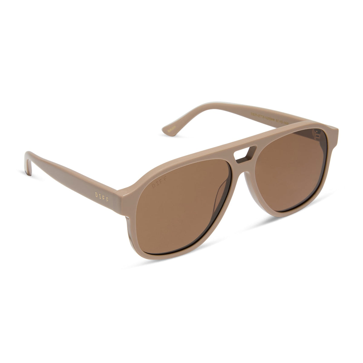 jessie james decker x diff eyewear featuring the nash navigator sunglasses with a almond brown frame and brown lenses angled view