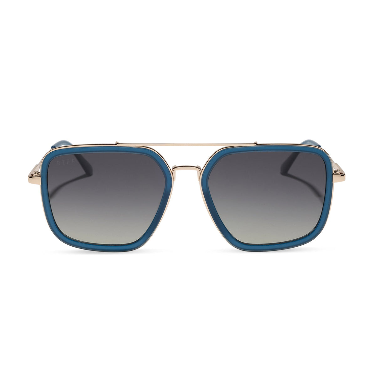 diff eyewear featuring the jordan navigator sunglasses with a clubhouse blue frame and gold metal with grey gradient polarized lenses front view