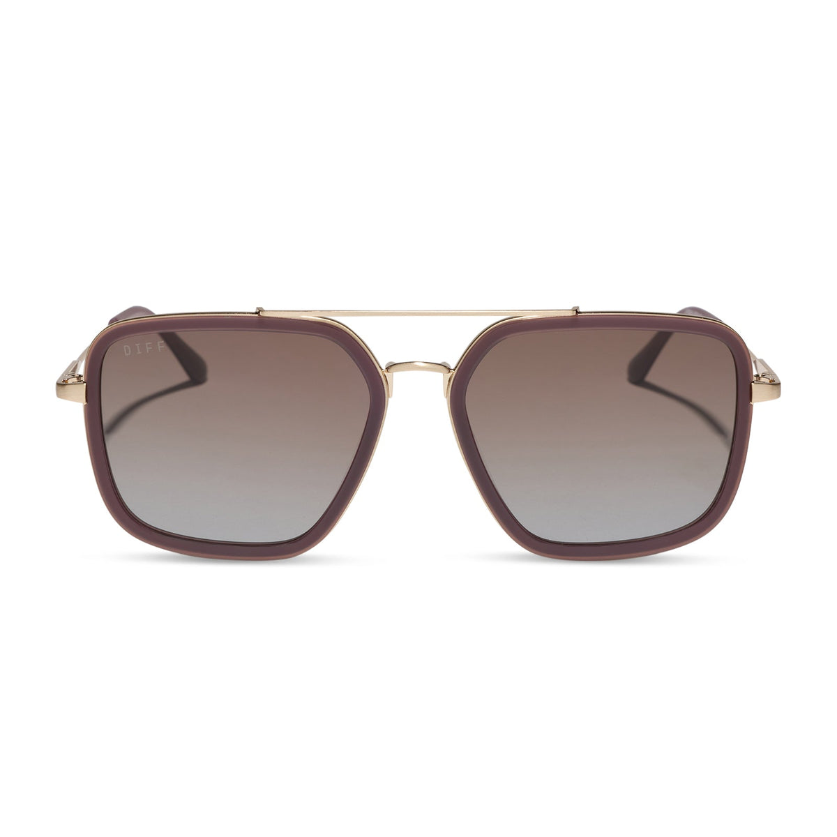 diff eyewear jordan navigator sunglasses with a cocoa powder brown frame, gold temples, and coca powder to baby blue gradient lenses front view