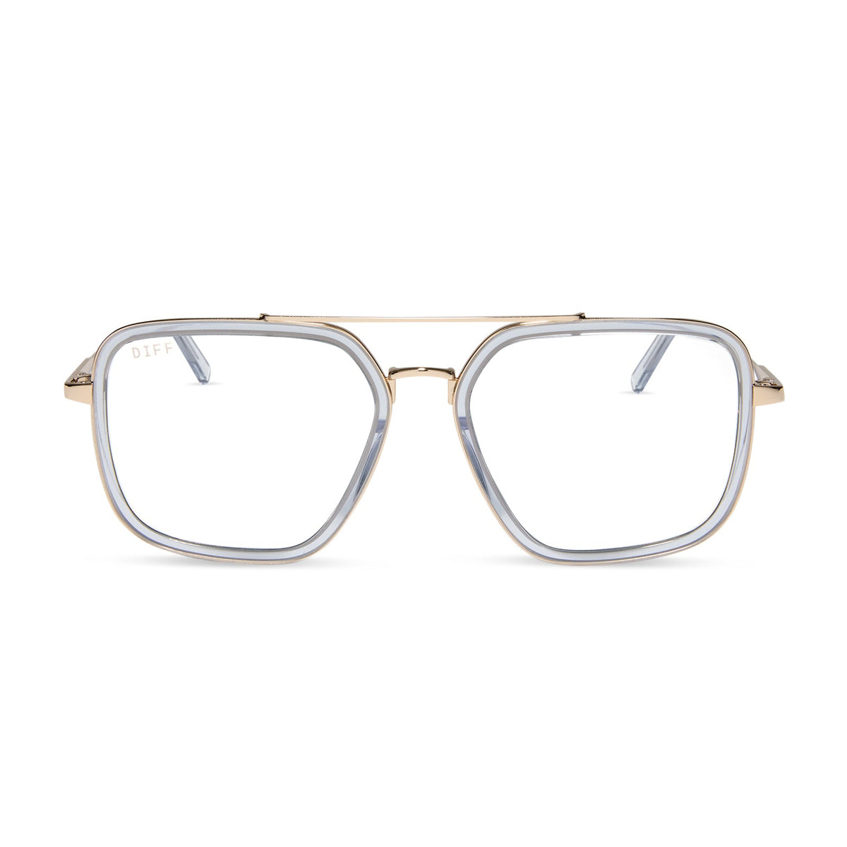 diff eyewear featuring the jordan navigator prescription glasses with a gold frame, clear crystal temple tips front view