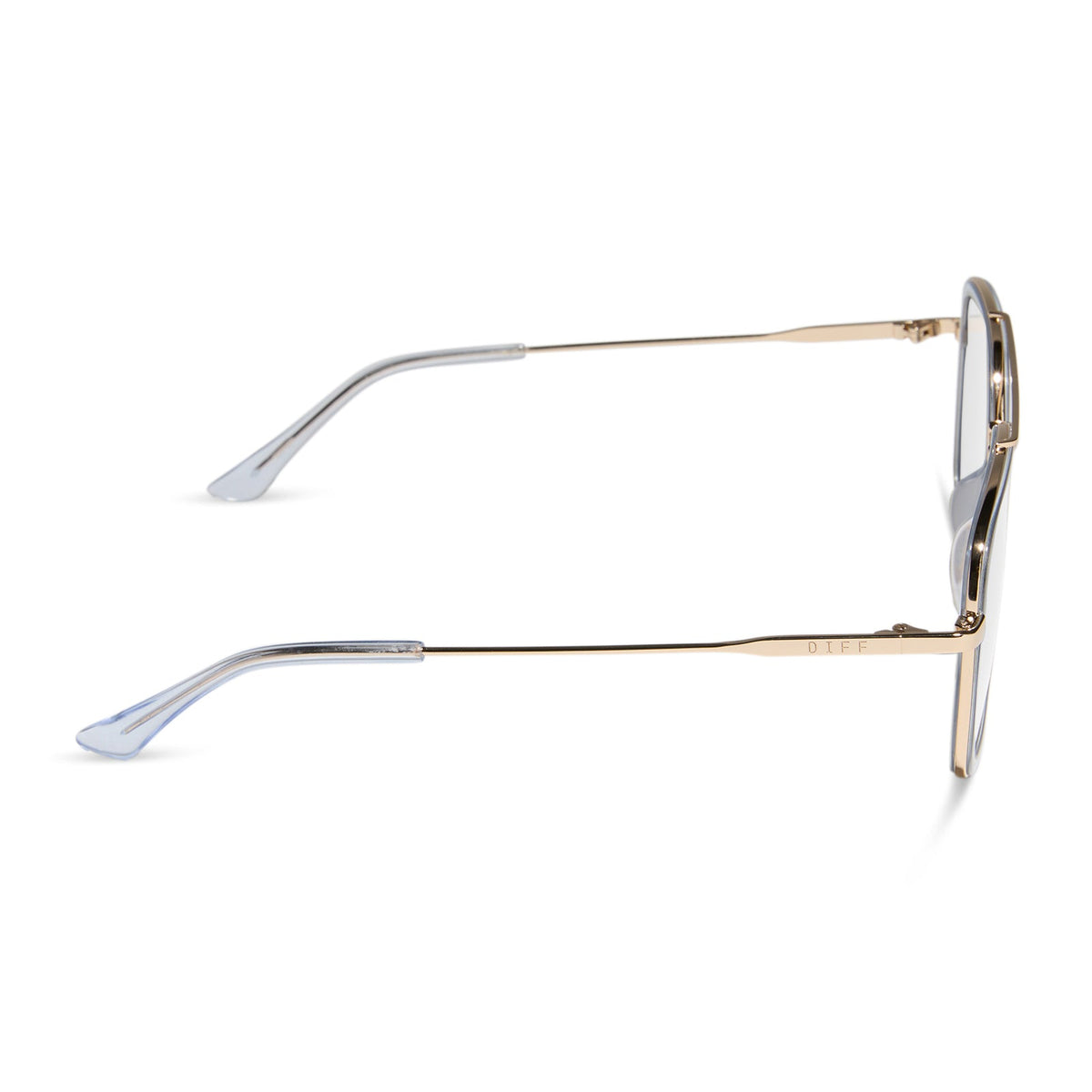 diff eyewear featuring the jordan navigator prescription glasses with a gold frame, clear crystal temple tips side view