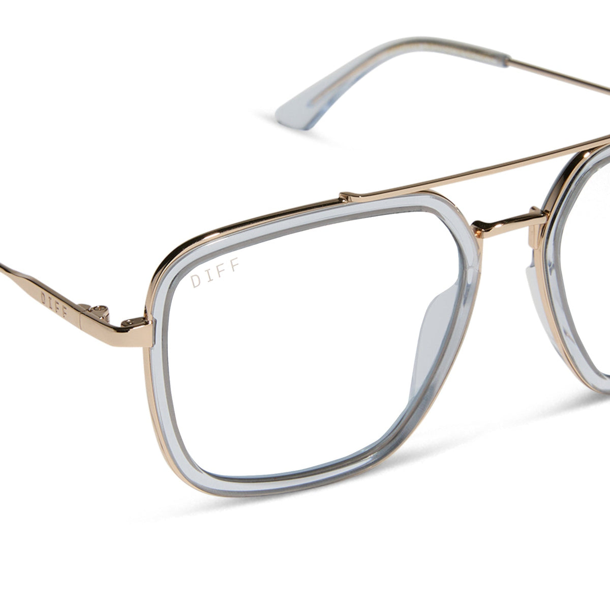 diff eyewear featuring the jordan navigator prescription glasses with a gold frame, clear crystal temple tips detailed view