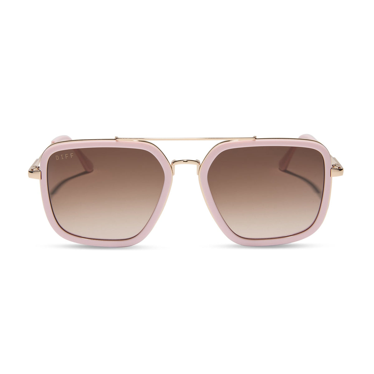 diff eyewear featuring the jordan navigator sunglasses with a powder pink with gold frame and brown gradient lenses front view