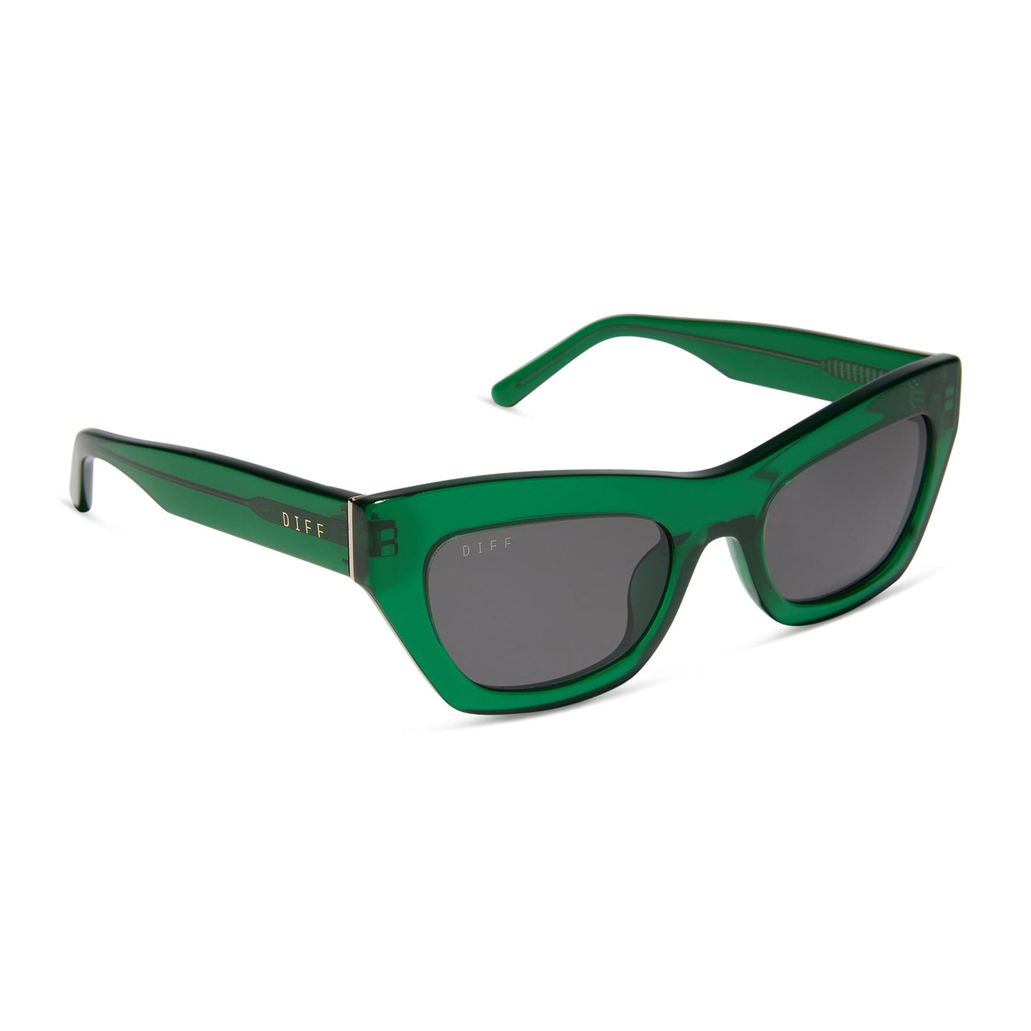 diff eyewear katarina cat eye sunglasses with a palm green crystal acetate frame and grey lenses angled view