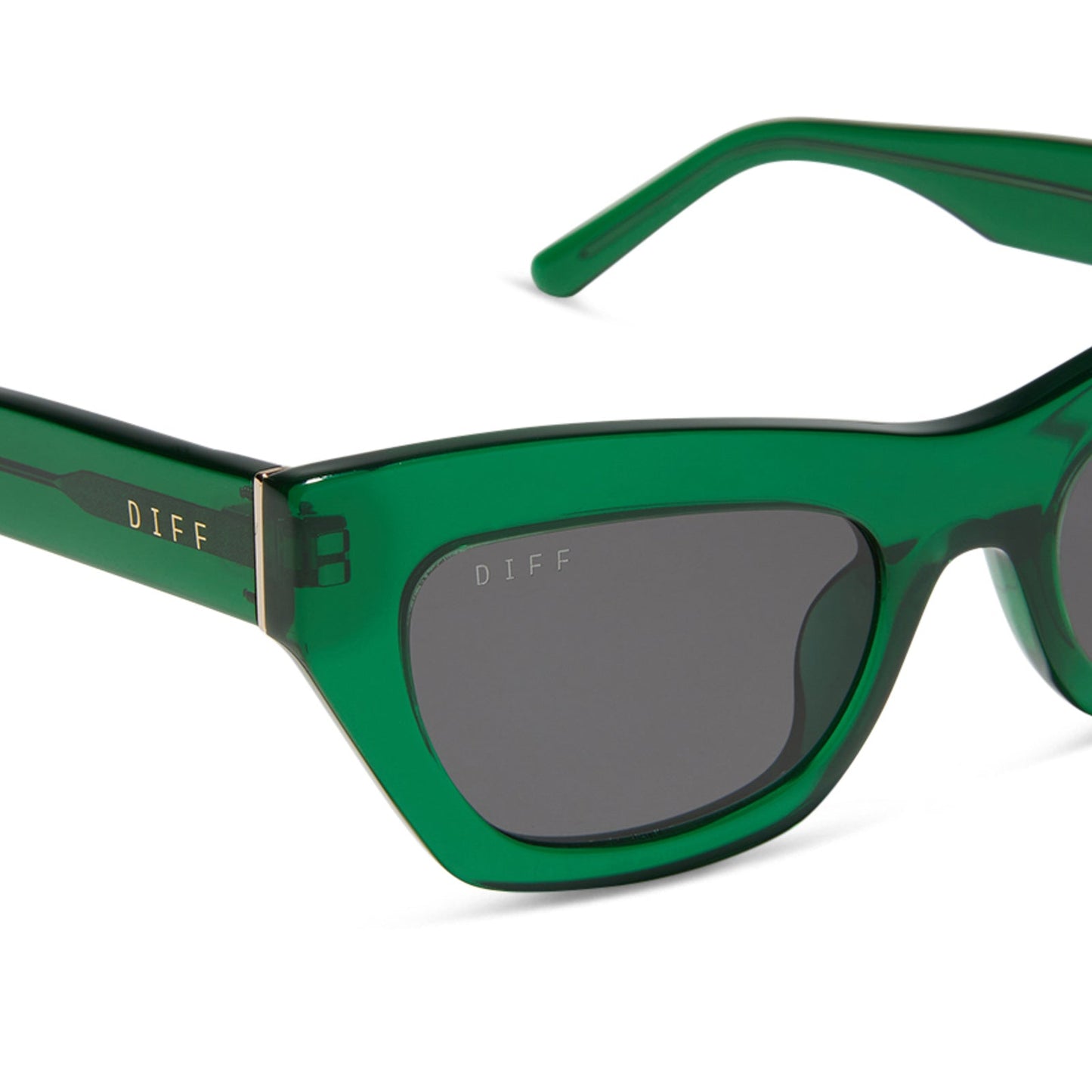 diff eyewear katarina cat eye sunglasses with a palm green crystal acetate frame and grey lenses detailed view