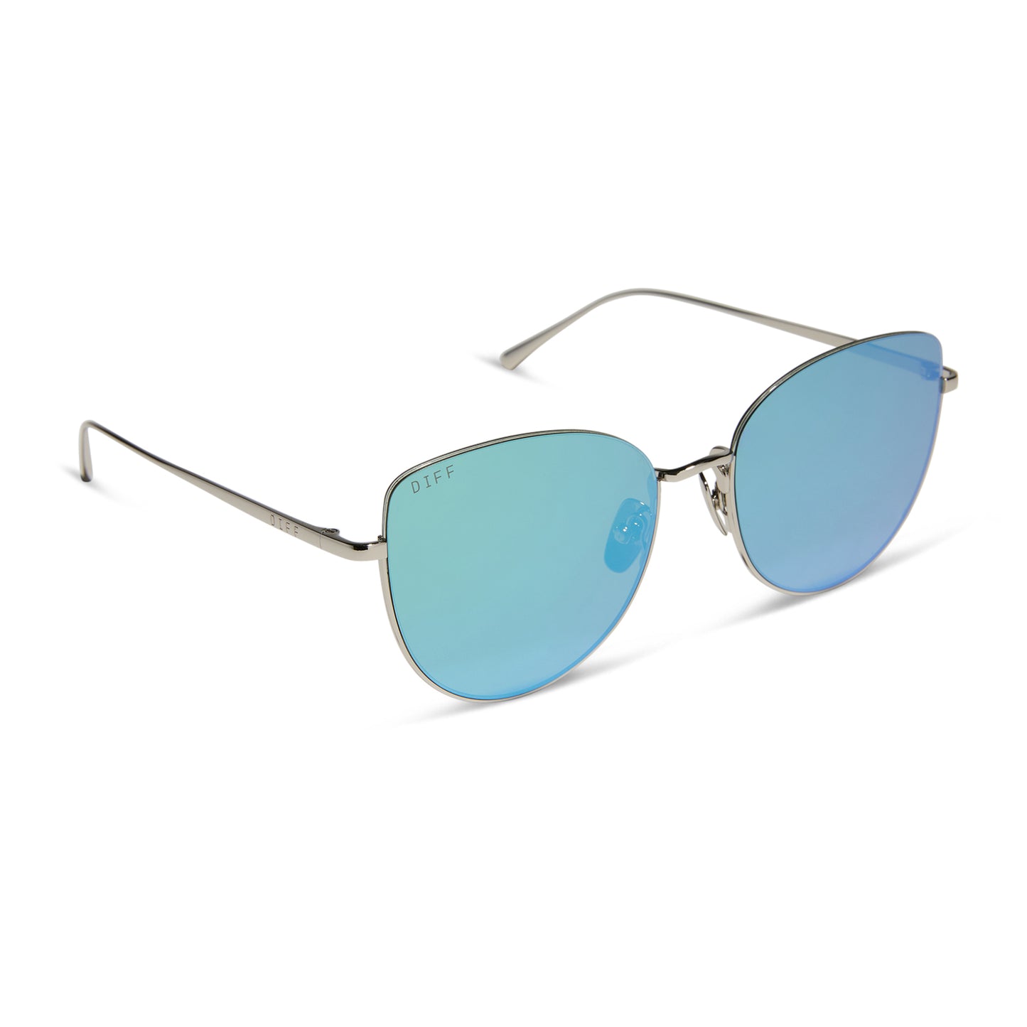 diff eyewear wholesale kinsley round sunglasses with a silver frame and aquatic awe teal lenses angled view