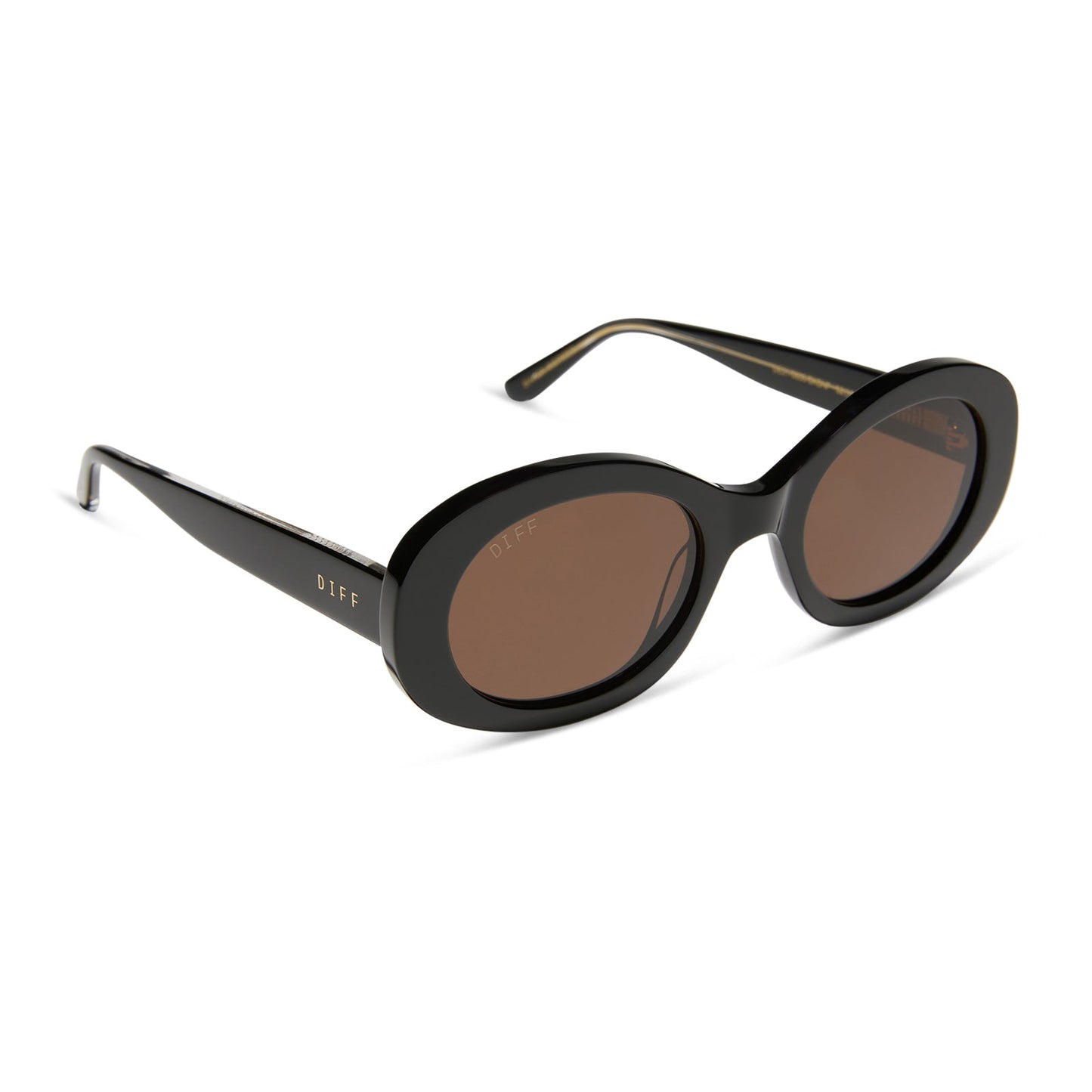 diff eyewear featuring the lainey oval sunglasses with a black frame and brown polarized lenses angled view
