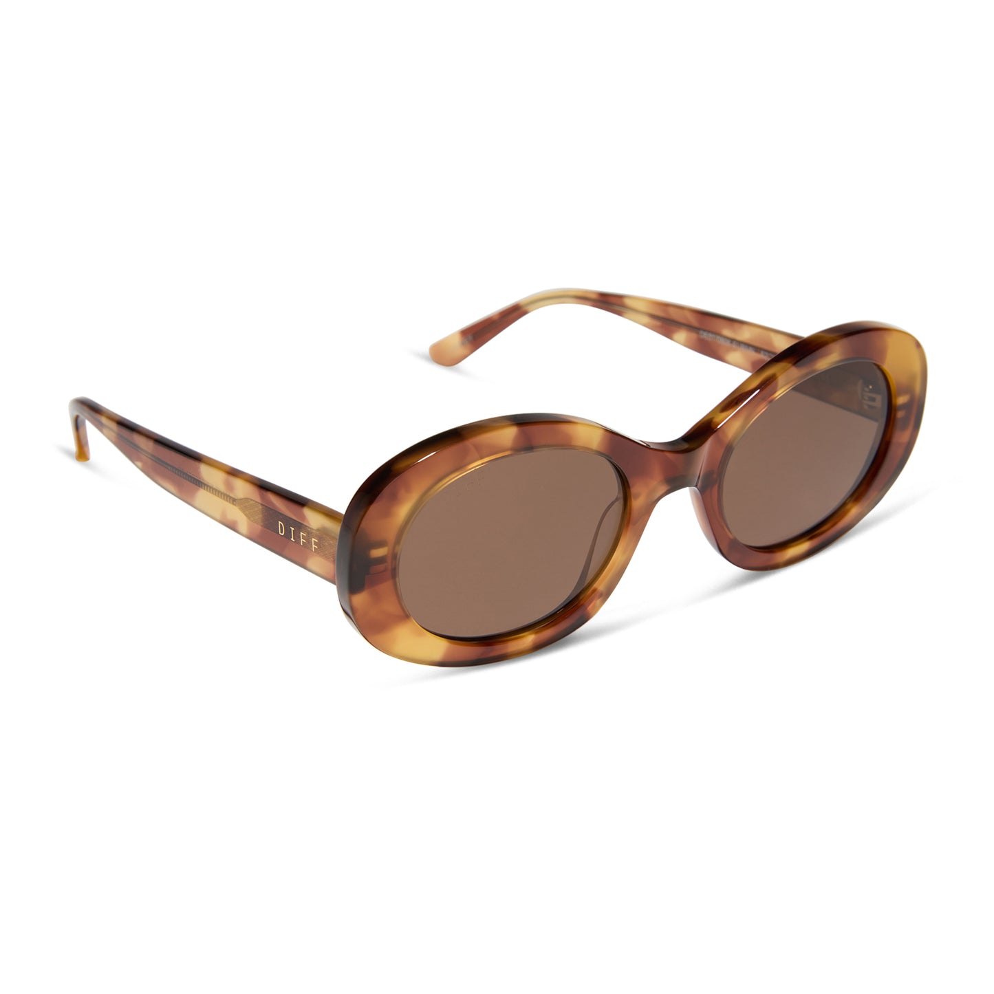 diff eyewear featuring the lainey oval sunglasses with a brown fleur frame and brown lenses angled view