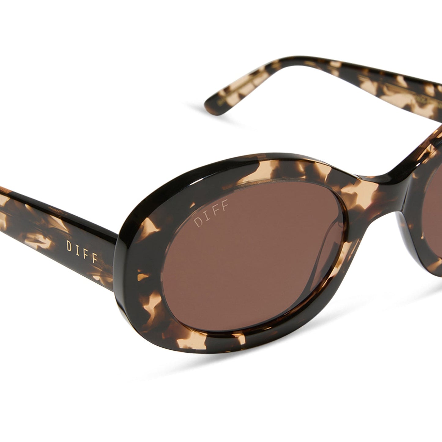 diff eyewear featuring the lainey oval sunglasses with a espresso tortoise frame and brown lenses detailed view