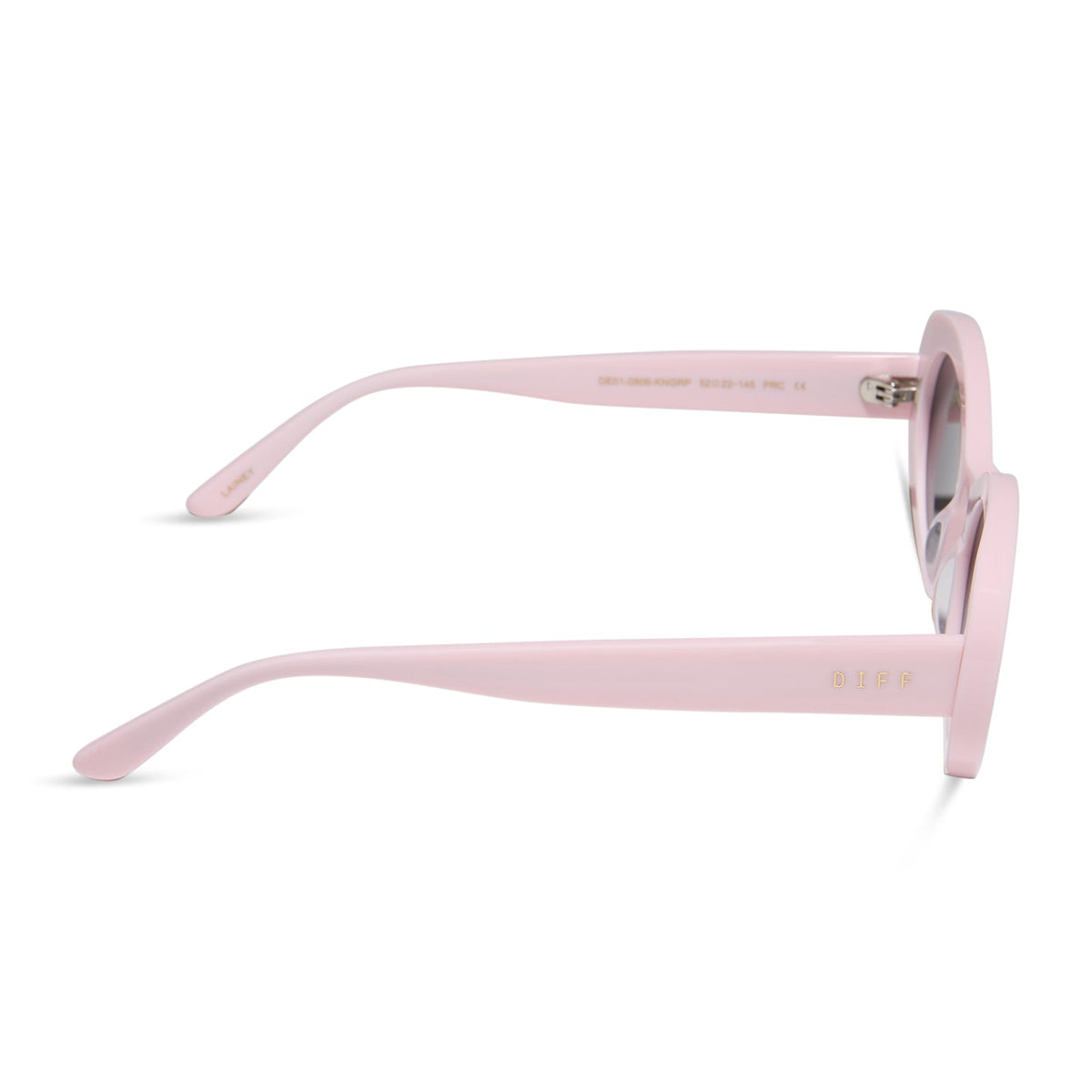 diff eyewear featuring the lainey oval sunglasses with a powder pink frame and grey polarized lenses side view