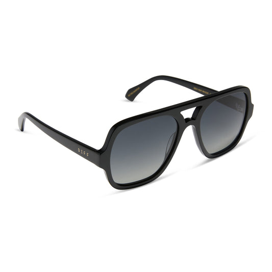 diff eyewear featuring the layton navigator sunglasses with a black acetate frame and grey gradient polarized lenses angled view