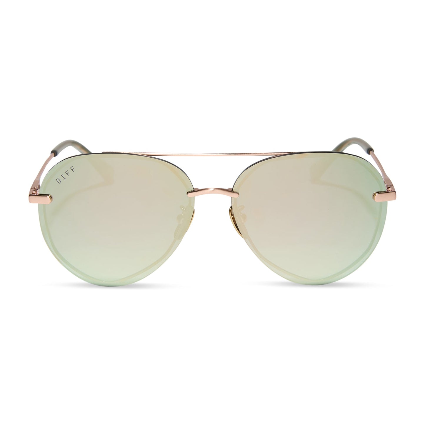 diff eyewear featuring the lenox aviator sunglasses with a brushed champagne frame and cool matcha green mirror polarized lenses front view