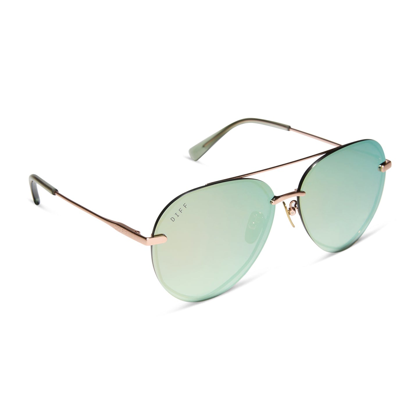 diff eyewear featuring the lenox aviator sunglasses with a brushed champagne frame and cool matcha green mirror polarized lenses angled view