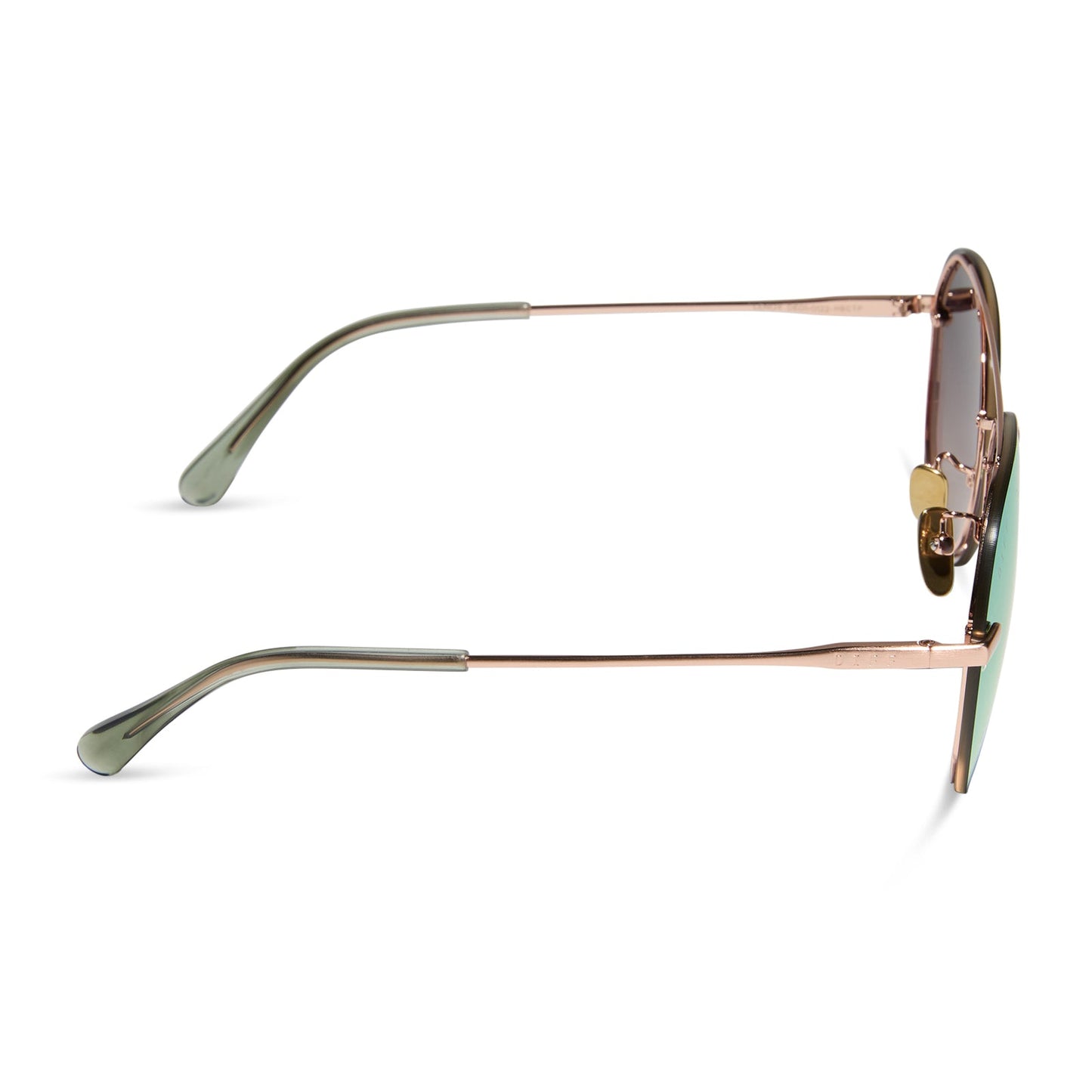 diff eyewear featuring the lenox aviator sunglasses with a brushed champagne frame and cool matcha green mirror polarized lenses side view