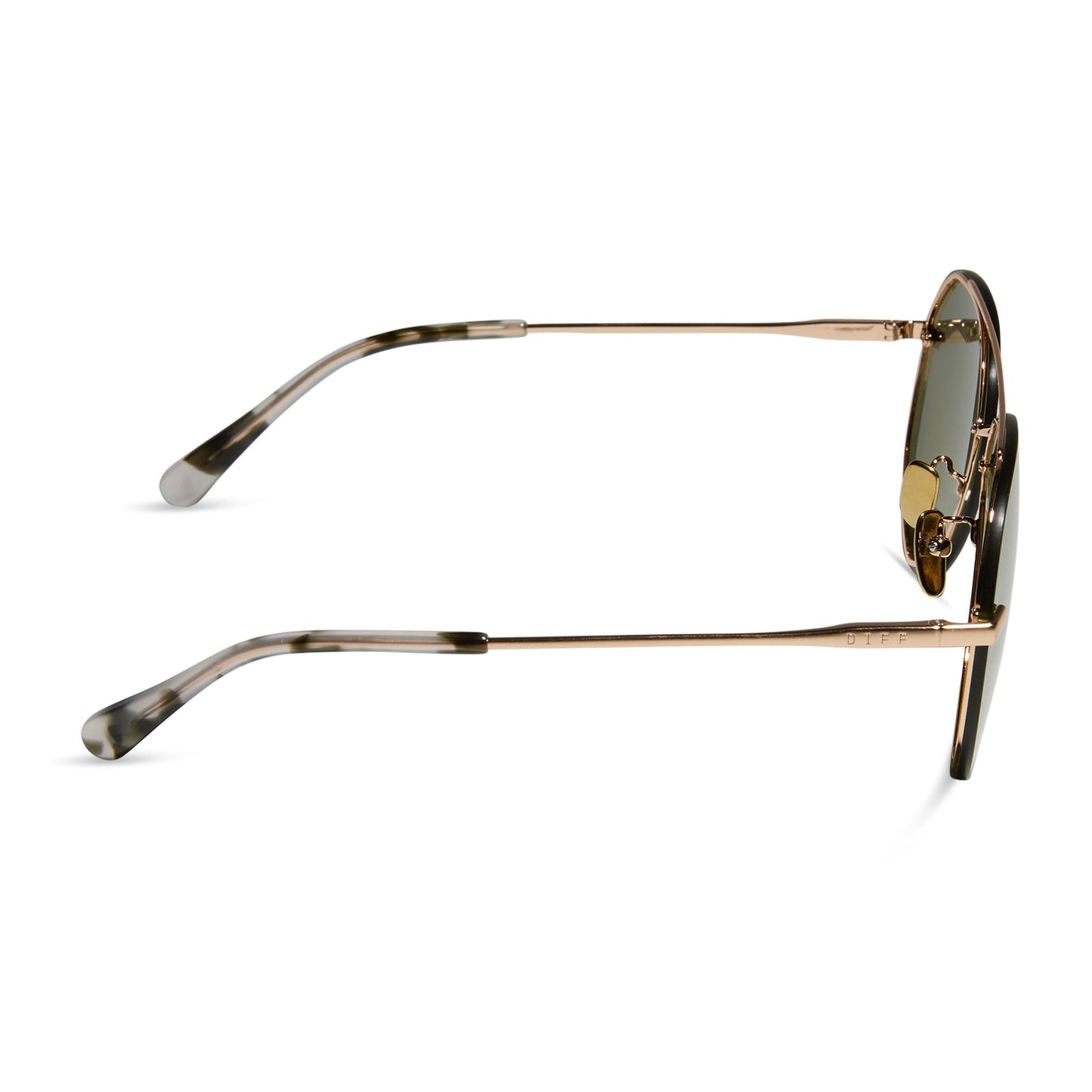 diff eyewear featuring the lenox aviator sunglasses with a brushed gold frame and moss mirror polarized lenses side view