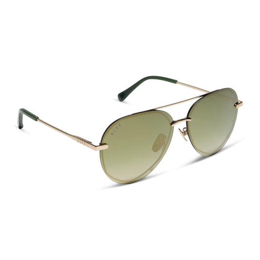 diff eyewear featuring the lenox aviator sunglasses with a gold metal frame and aloe green gradient w/ light gold flash polarized lenses angled view
