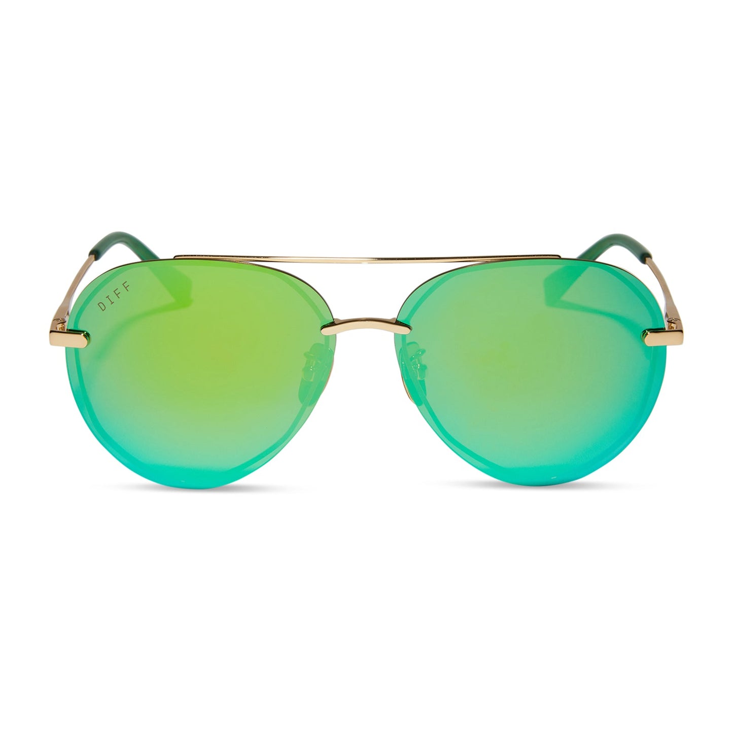 diff eyewear lenox aviator sunglasses with a gold metal frame, green temple tips and green mirror polarized lenses front view