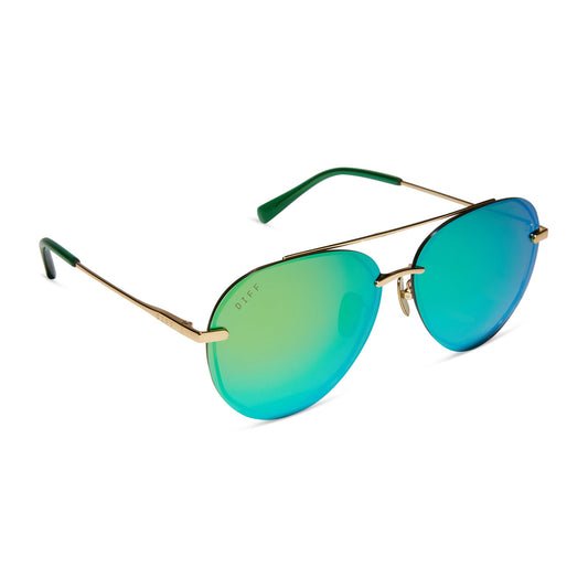 diff eyewear lenox aviator sunglasses with a gold metal frame, green temple tips and green mirror polarized lenses angled view