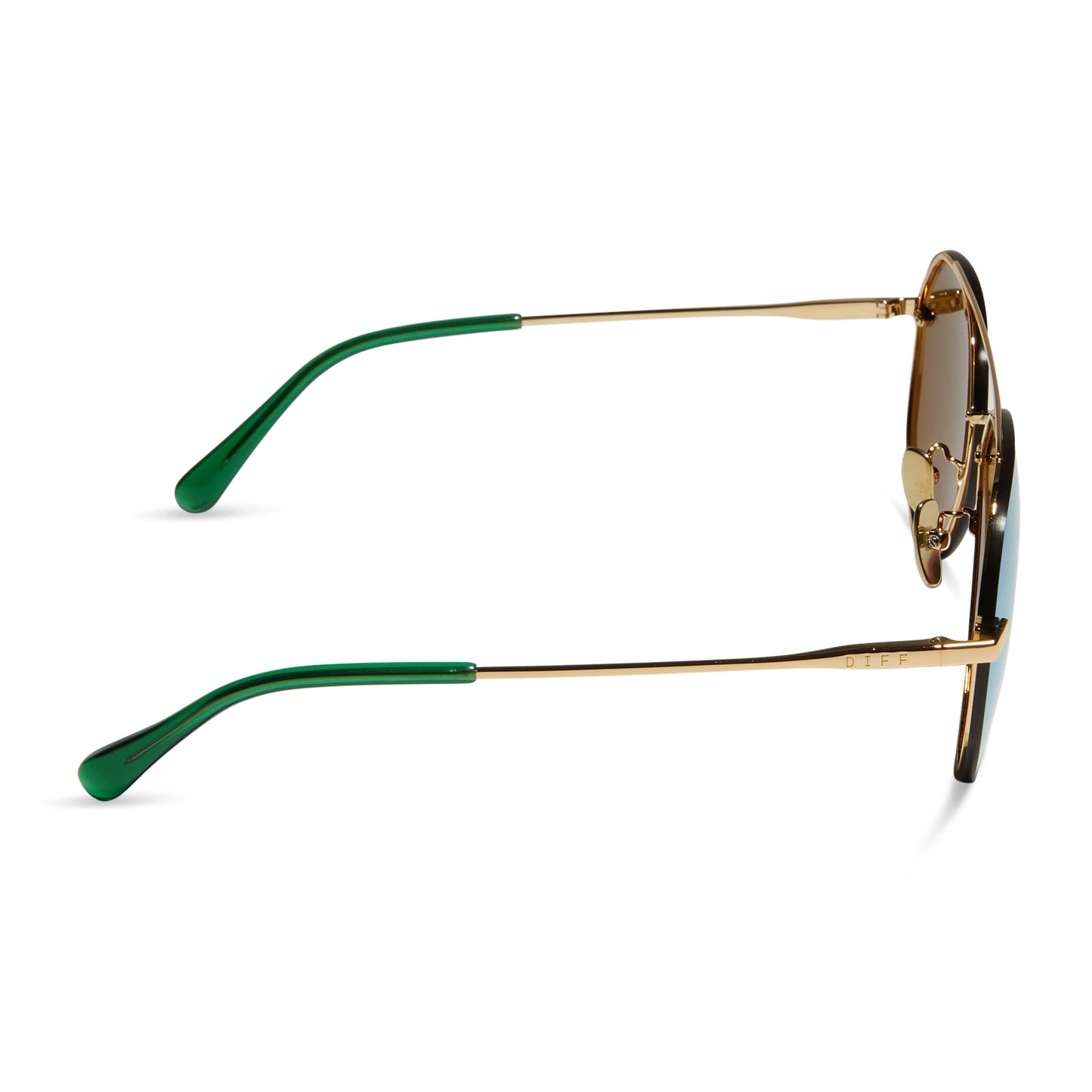 diff eyewear lenox aviator sunglasses with a gold metal frame, green temple tips and green mirror polarized lenses side view