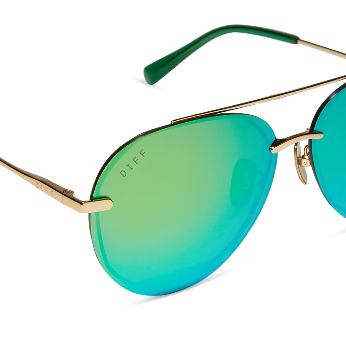 diff eyewear lenox aviator sunglasses with a gold metal frame, green temple tips and green mirror polarized lenses detailed view