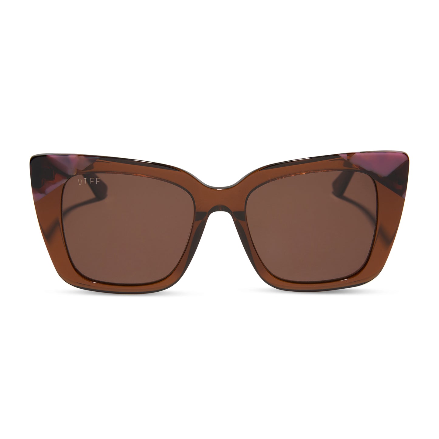 diff eyewear featuring the lizzy cat eye sunglasses with a whiskey + torino tortoise frame and brown lenses front view