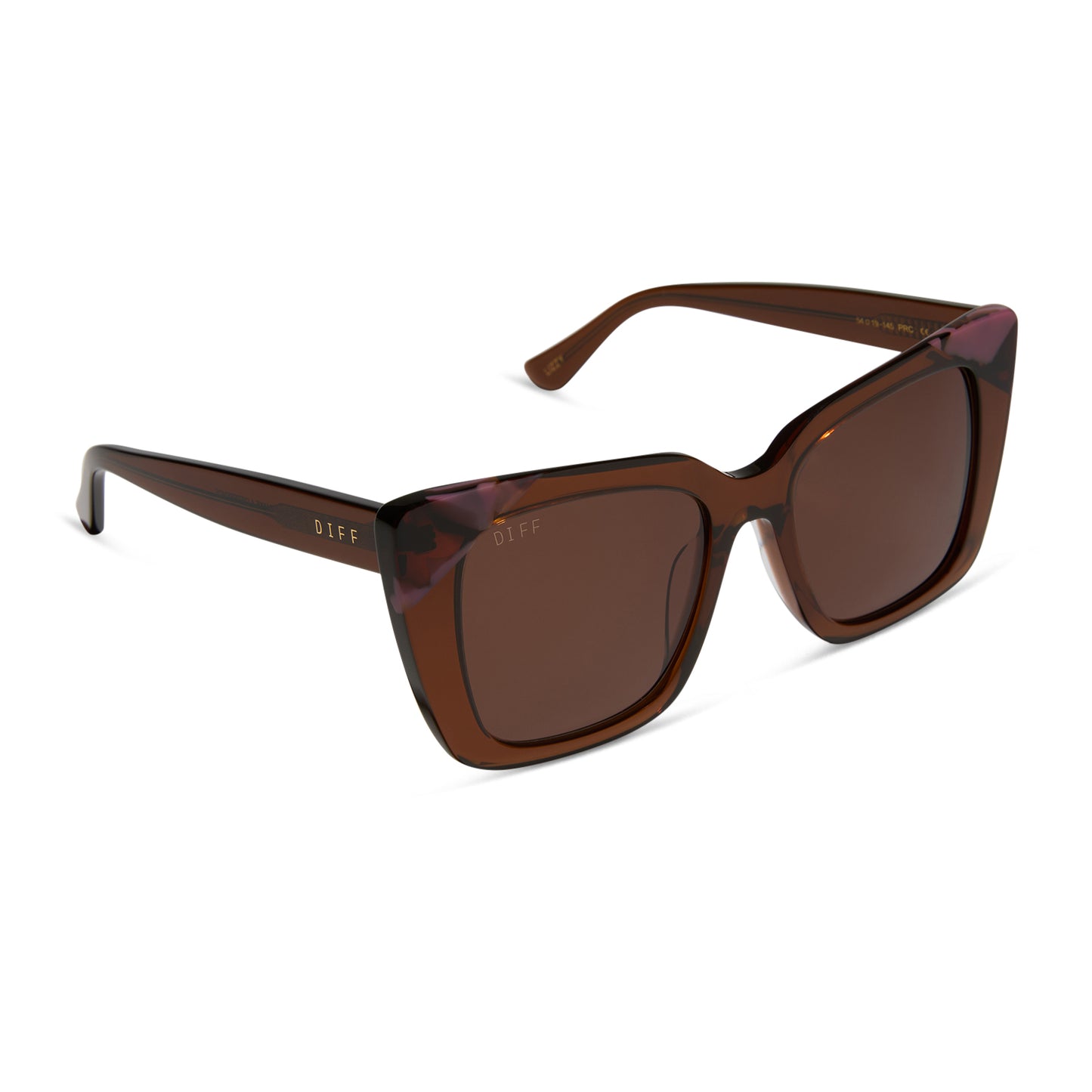 diff eyewear featuring the lizzy cat eye sunglasses with a whiskey + torino tortoise frame and brown lenses angled view