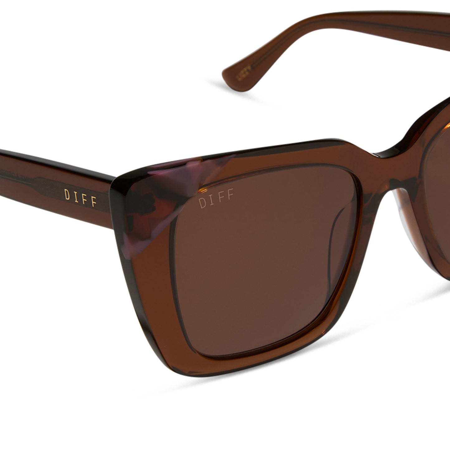 diff eyewear featuring the lizzy cat eye sunglasses with a whiskey + torino tortoise frame and brown lenses detailed view